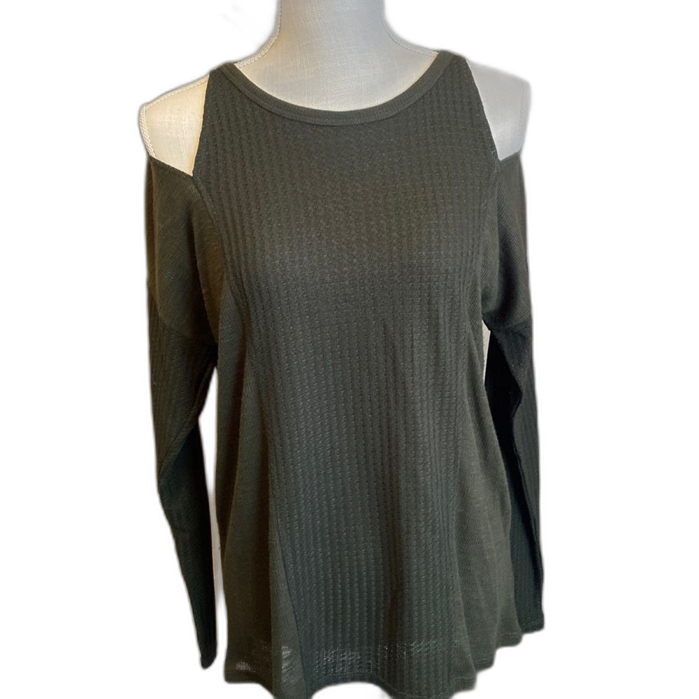 Market & Spruce Waffle Knit Cold Shoulder Long Sleeve Top Green Size Large